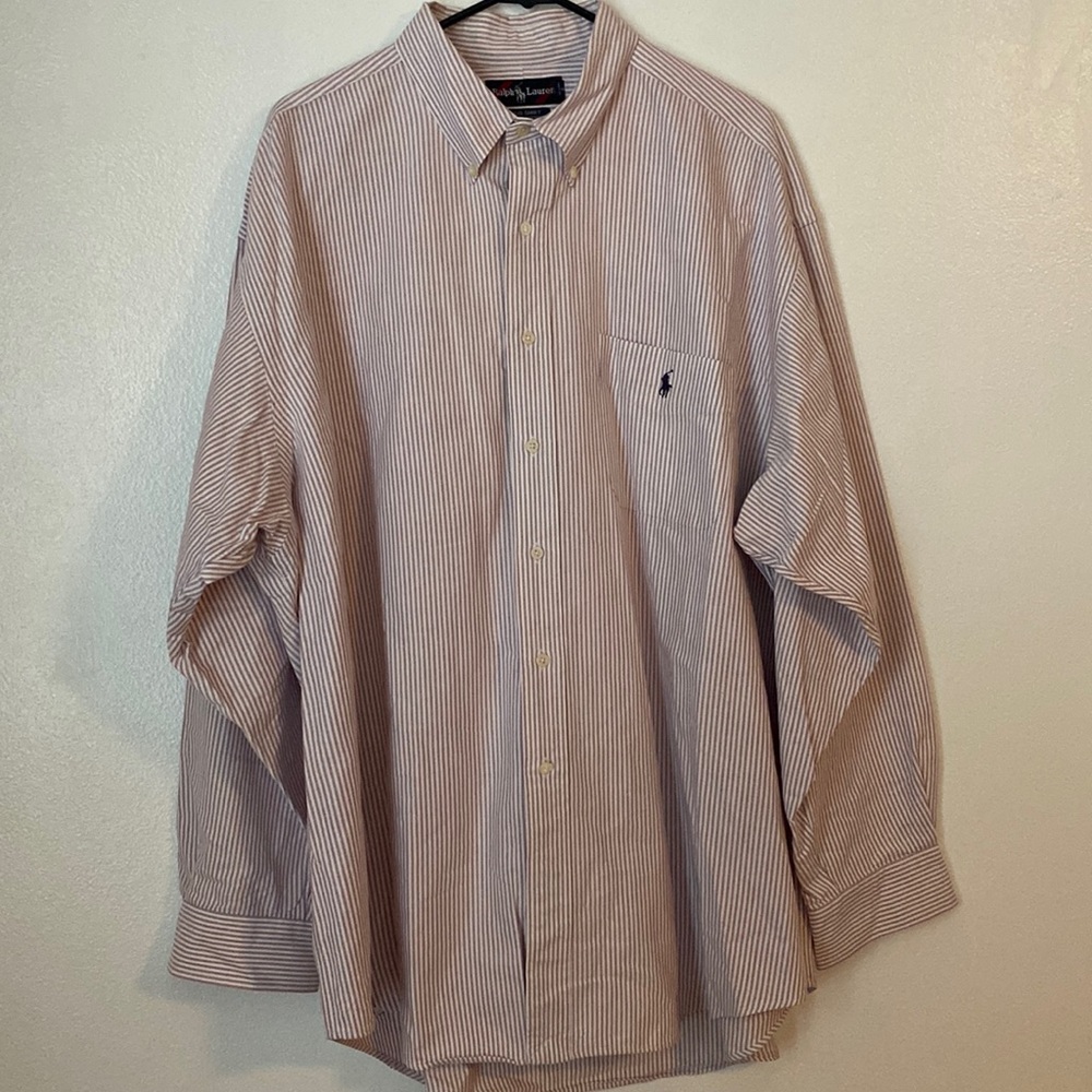 Extra large big Ralph Lauren men’s classic button up purple stripe long sleeve